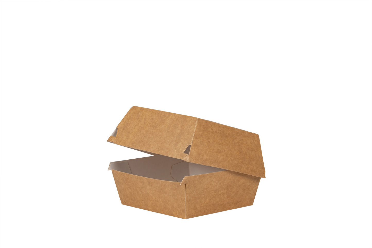 Das Bild zeigt die geöffnete Hamburger Box vertrieben von der Malik Verpackungen GmbH Hanau. Die Hamburger-Box ist aus Pappe. Die Farbe der Burger Box ist braun. Das Bild ist schrag von der Seite aufgenommen. Fotograf: Detlev Steinhilber (detis.pix)