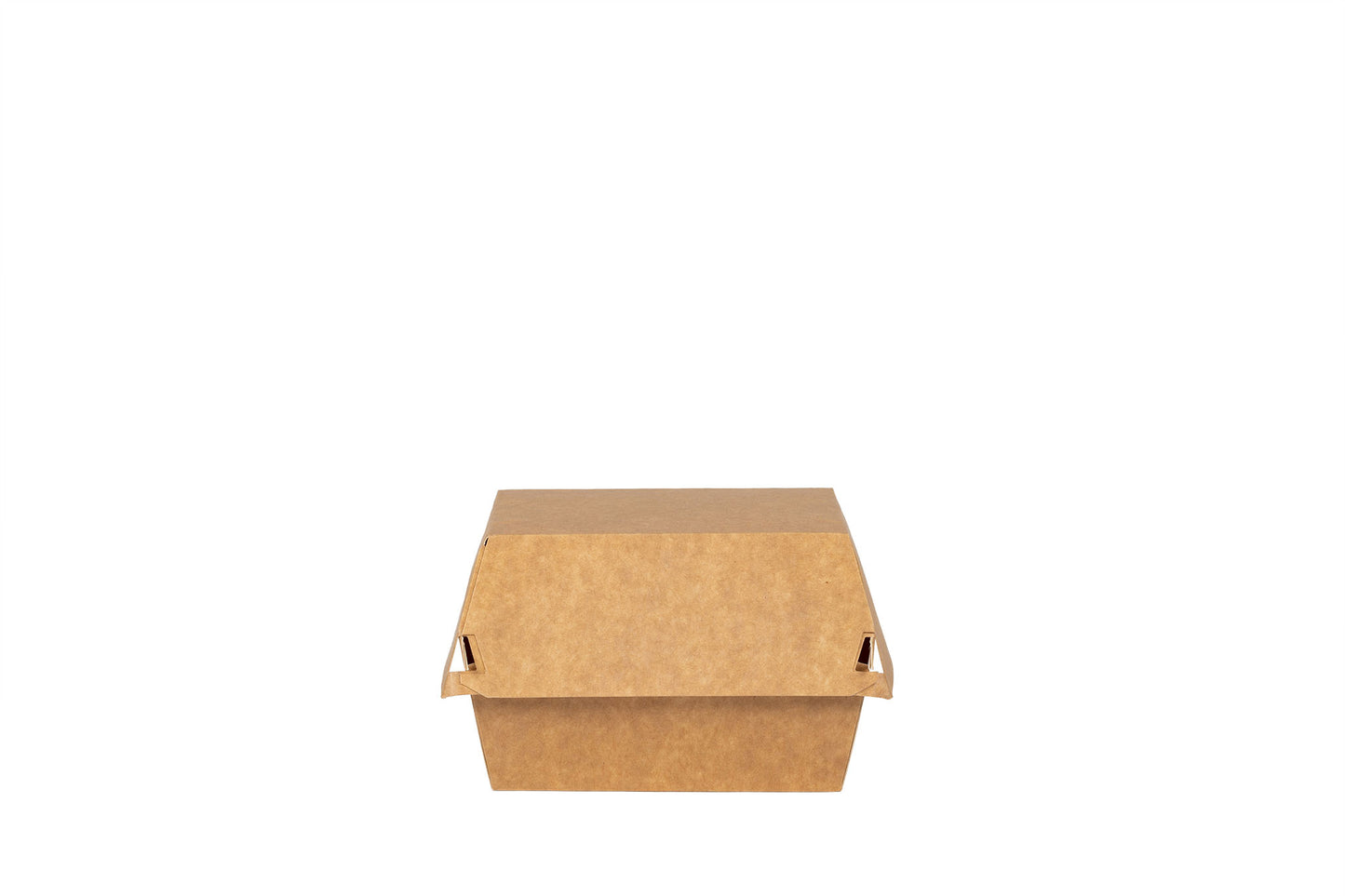 Das Bild zeigt die geschlossene Hamburger Box vertrieben von der Malik Verpackungen GmbH Hanau. Die Hamburger-Box ist aus Pappe. Die Farbe der Burger Box ist braun. Das Bild ist frontal von vorne aufgenommen. Fotograf: Detlev Steinhilber (detis.pix)
