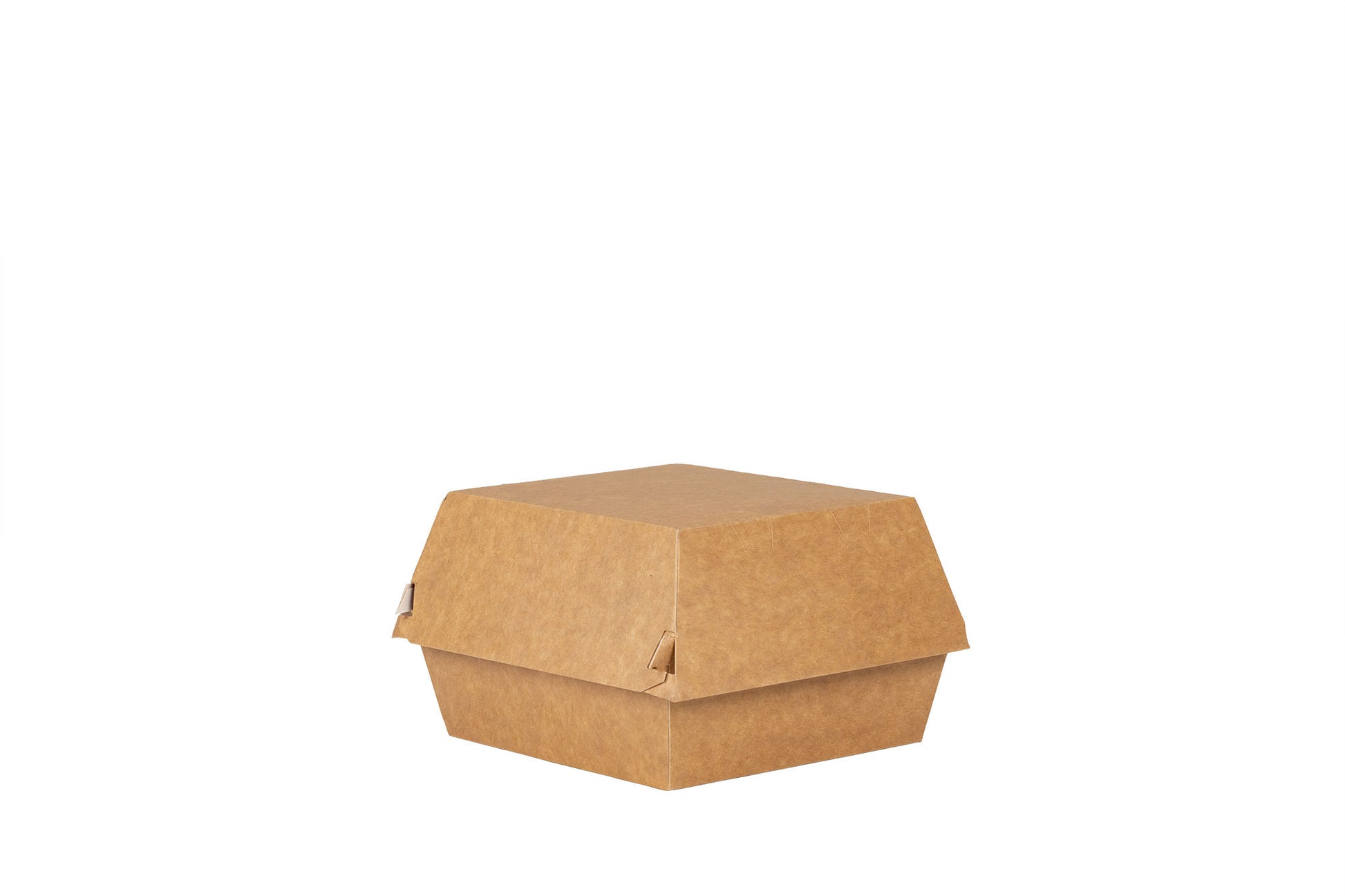 Das Bild zeigt die geschlossene Hamburger Box vertrieben von der Malik Verpackungen GmbH Hanau. Die Hamburger-Box ist aus Pappe. Die Farbe der Burger Box ist braun. Das Bild ist schrag von der Seite aufgenommen. Fotograf: Detlev Steinhilber (detis.pix)