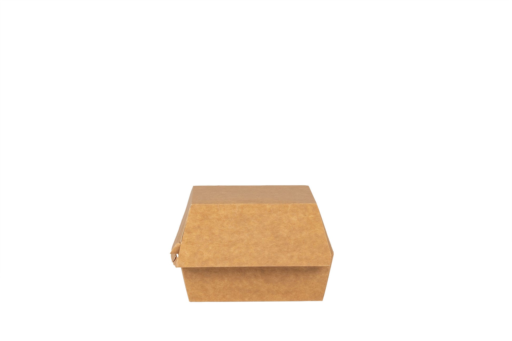 Das Bild zeigt die geschlossene Hamburger Box vertrieben von der Malik Verpackungen GmbH Hanau. Die Hamburger-Box ist aus Pappe. Die Farbe der Burger Box ist braun. Das Bild ist frontal von der Seite aufgenommen. Fotograf: Detlev Steinhilber (detis.pix)