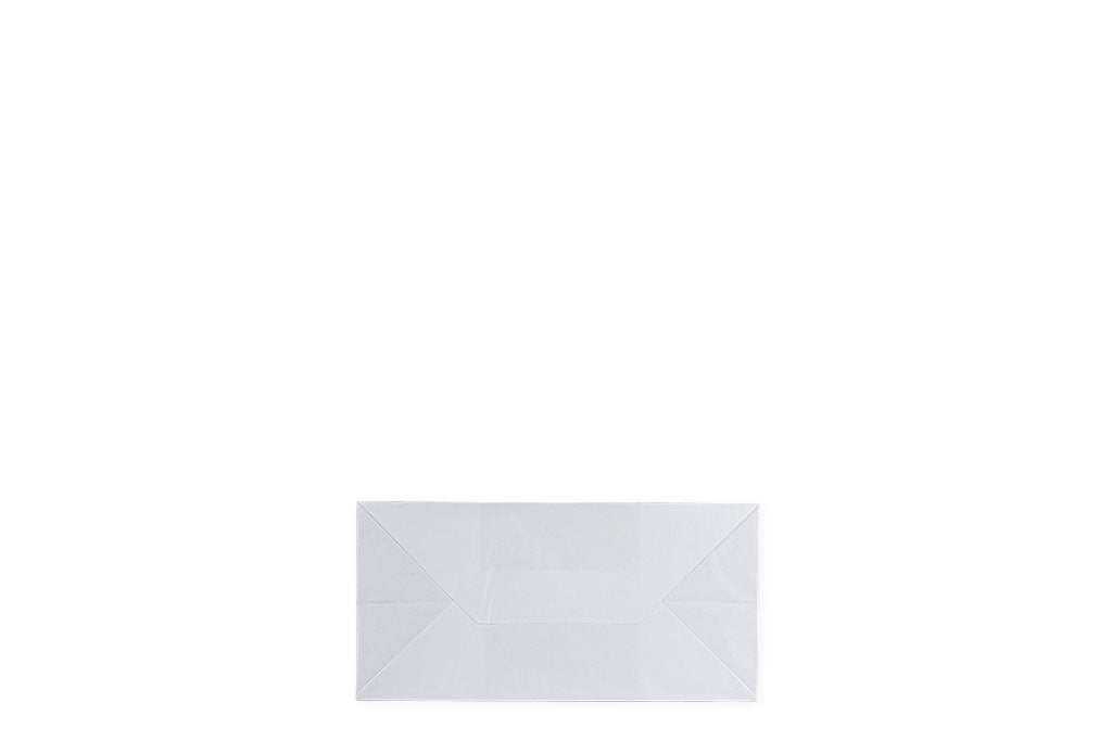 Das Bild zeigt die Bodenansicht einer Papiertragetasche vertrieben von der Malik Verpackungen GmbH Hanau. Die Papier-Tragetasche ist in weiß und unbedruckt. Die Größe der Papiertragetasche ist 26x17x25cm. Fotograf: Detlev Steinhilber (detis.pix)