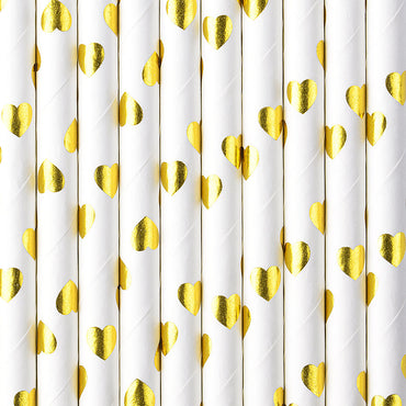 Papierstrohhalme, gold-weiß, mit Herzen, glänzend, länge 19,5 cm