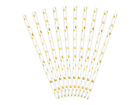 Papierstrohhalme, gold-weiß, mit Herzen, glänzend, länge 19,5 cm