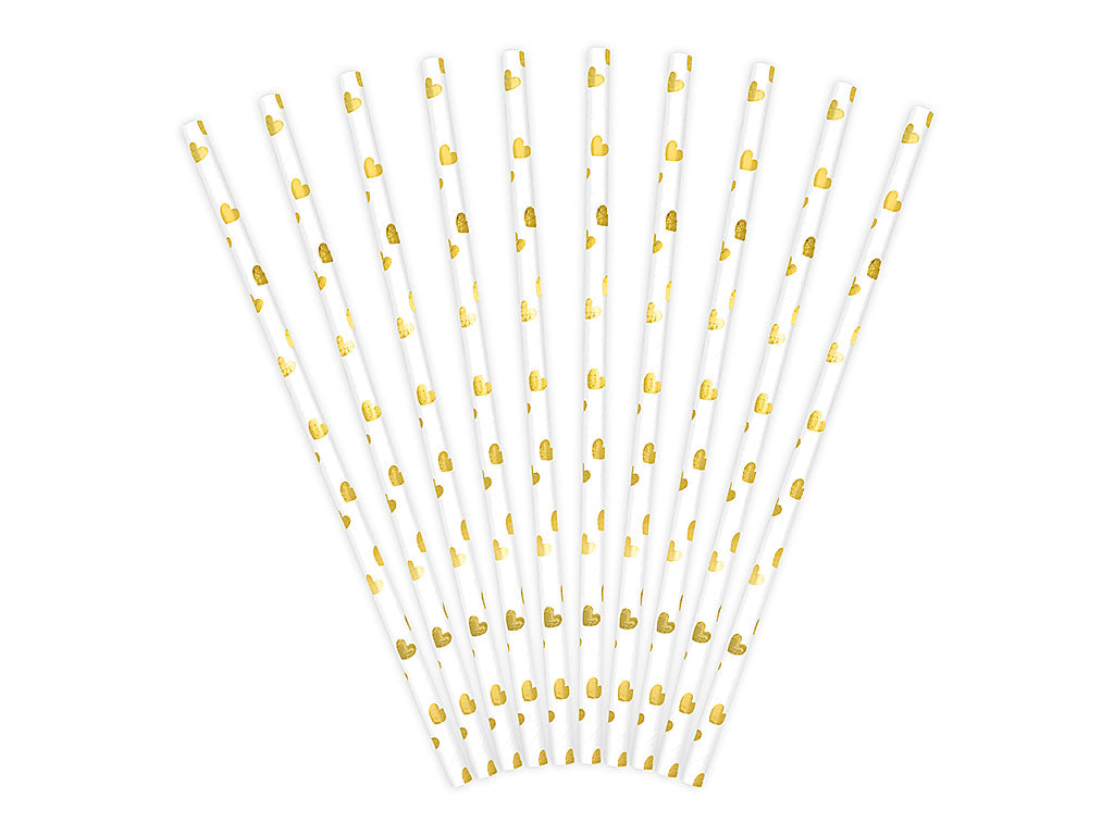 Papierstrohhalme, gold-weiß, mit Herzen, glänzend, länge 19,5 cm