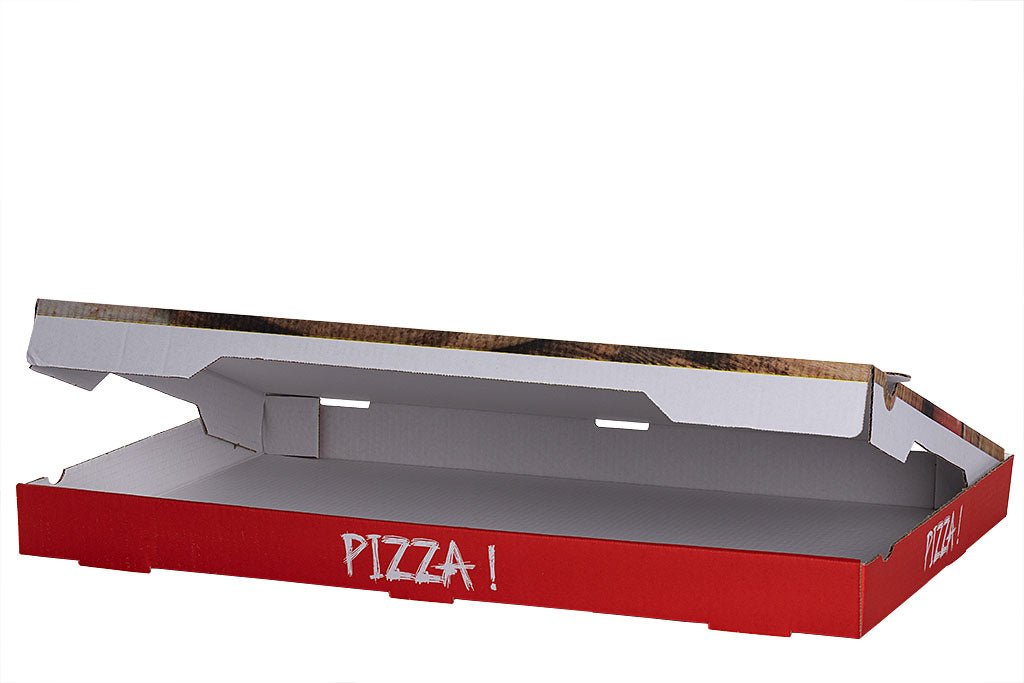 Auf dem Bild ist ein weißer 60er Pizzakarton in der Größe 60 x 40 x 5 cm in der geöffneten Frontalansicht zu sehen. Aufgedruckt auf den roten Rand ist das Wort: "Pizza!" in weißer Schrift. Vertrieben durch die Malik Verpackungen GmbH Hanau