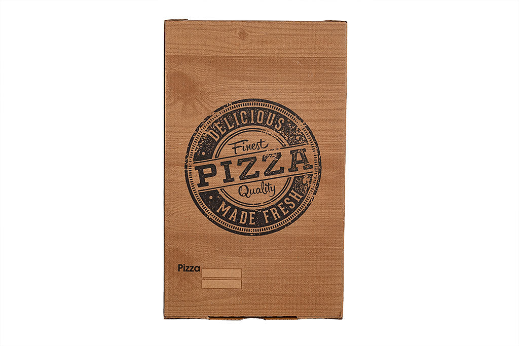 Auf dem Bild ist ein brauner 30er Calzone Pizzakarton in der Größe 30 x 16 x 10cm in der Draufsicht zu sehen. Aufgedruckt ist ein Logo welches einem Stempelabdruck ähnelt mit dem Text: "Finest Pizza Quality, Delicious Made Fresh". Vertrieben durch die Malik Verpackungen GmbH Hanau