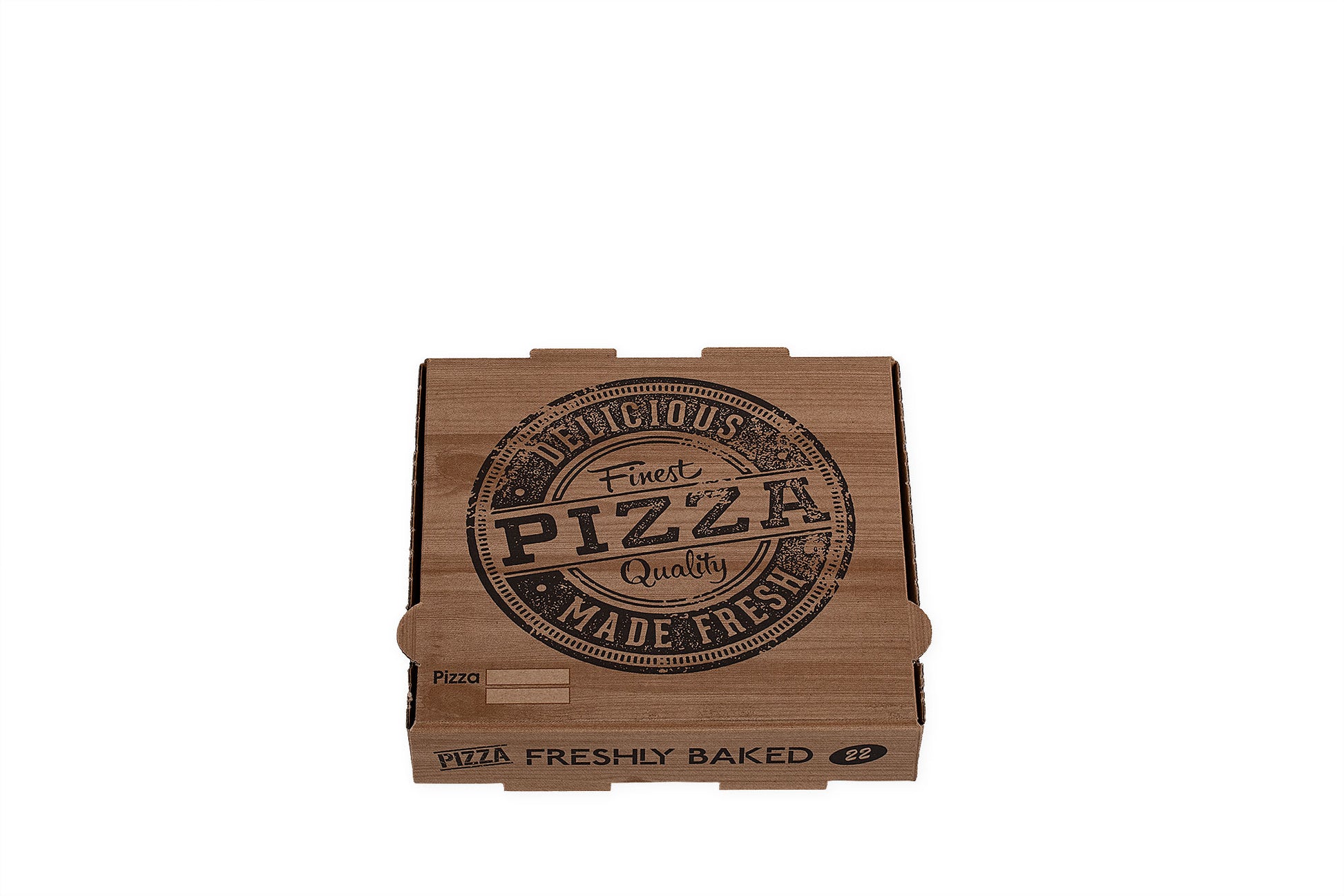 Auf dem Bild ist ein brauner 22er Pizzakarton in der Größe 22 x 22 x 4cm in der Draufsicht zu sehen. Aufgedruckt ist ein Logo welches einem Stempelabdruck ähnelt mit dem Text: "Finest Pizza Quality, Delicious Made Fresh". Vertrieben durch die Malik Verpackungen GmbH Hanau