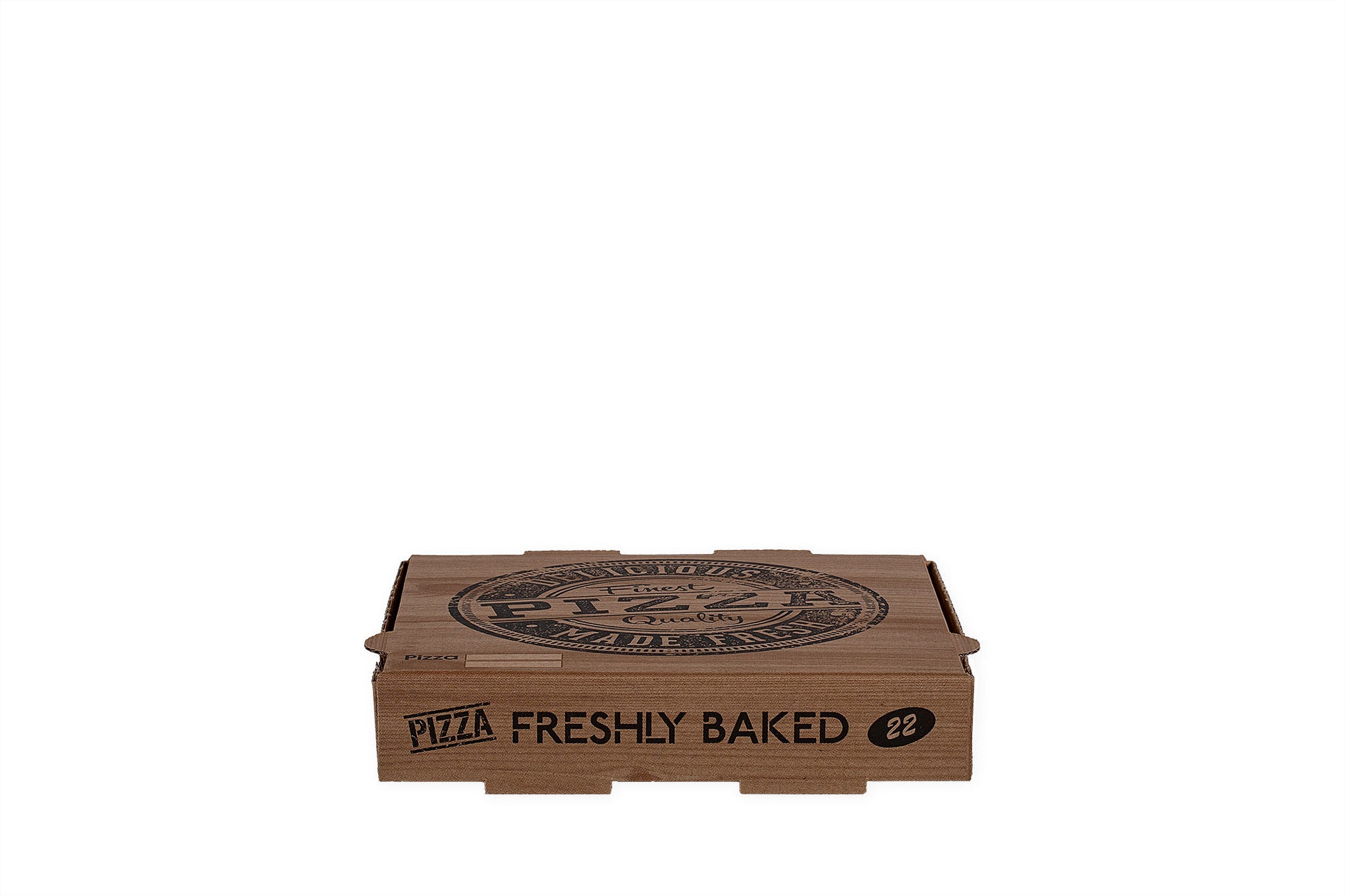Auf dem Bild ist ein brauner 22er Pizzakarton in der Größe 22 x 22 x 4cm von vorne zu sehen. Aufgedruckt ist ein Logo welches einem Stempelabdruck ähnelt mit dem Text: "Finest Pizza Quality, Delicious Made Fresh". Vertrieben durch die Malik Verpackungen GmbH Hanau