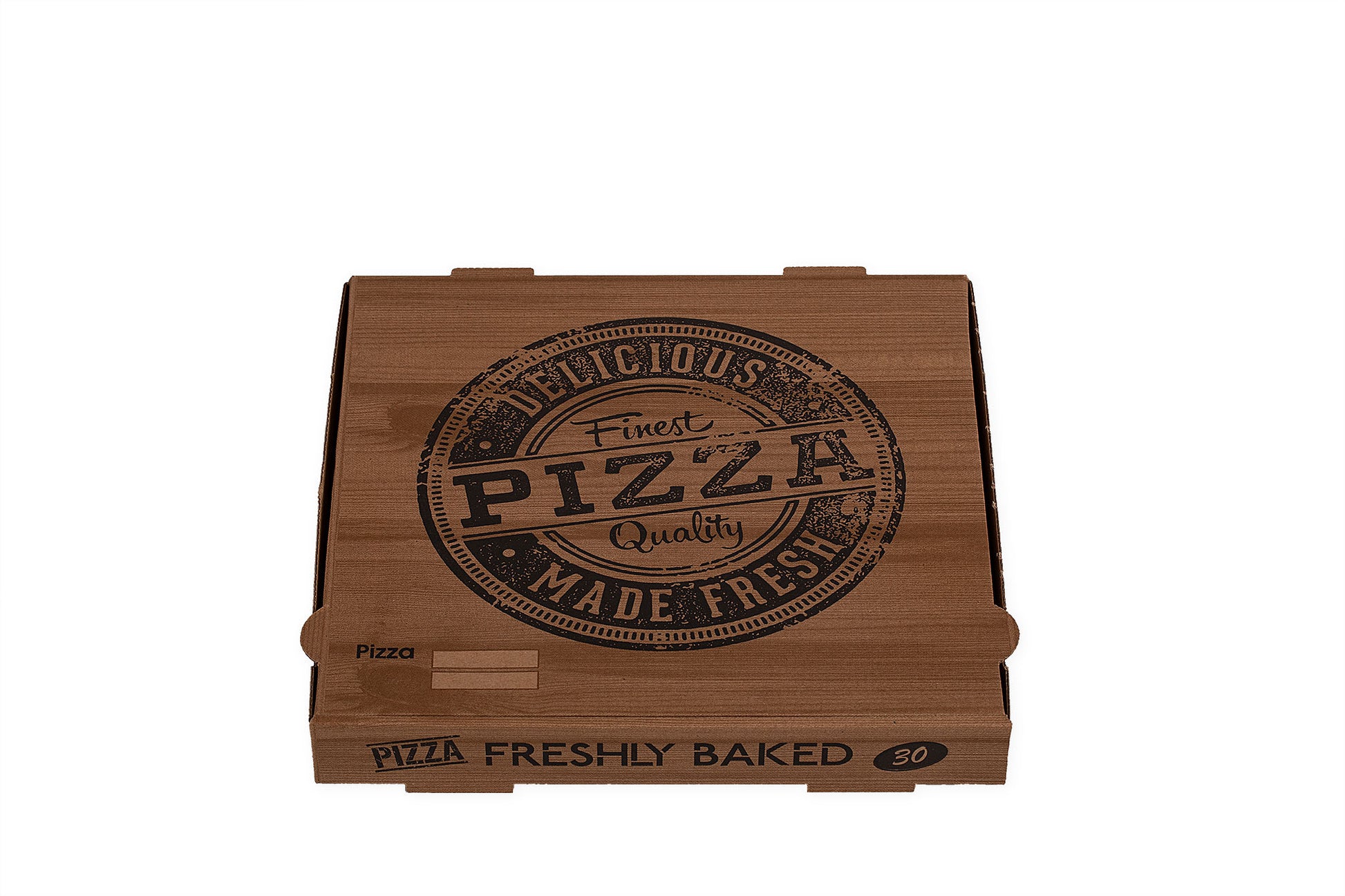 Auf dem Bild ist ein brauner 30er Pizzakarton in der Größe 30 x 30 x 4cm in der Draufsicht zu sehen. Aufgedruckt ist ein Logo welches einem Stempelabdruck ähnelt mit dem Text: "Finest Pizza Quality, Delicious Made Fresh". Vertrieben durch die Malik Verpackungen GmbH Hanau