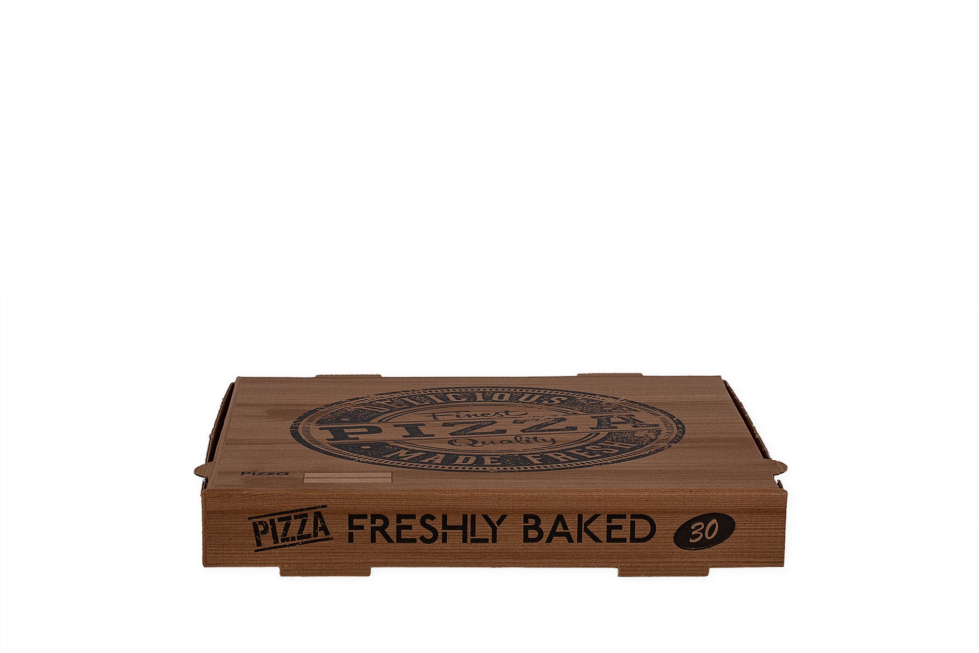 Auf dem Bild ist ein brauner 30er Pizzakarton in der Größe 30 x 30 x 4cm von vorne zu sehen. Aufgedruckt ist ein Logo welches einem Stempelabdruck ähnelt mit dem Text: "Finest Pizza Quality, Delicious Made Fresh". Vertrieben durch die Malik Verpackungen GmbH Hanau