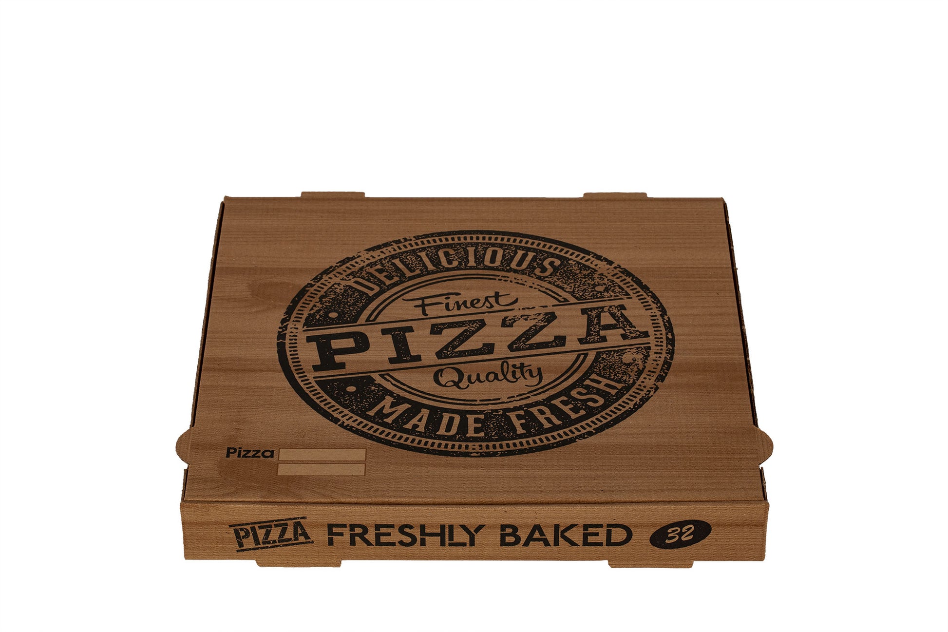 Auf dem Bild ist ein brauner 32er Pizzakarton in der Größe 32 x 32 x 4cm in der Draufsicht zu sehen. Aufgedruckt ist ein Logo welches einem Stempelabdruck ähnelt mit dem Text: "Finest Pizza Quality, Delicious Made Fresh". Vertrieben durch die Malik Verpackungen GmbH Hanau
