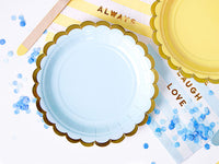 Teller, Pappe, hellblau, Goldkante, ohne Druck, Ø 18 cm