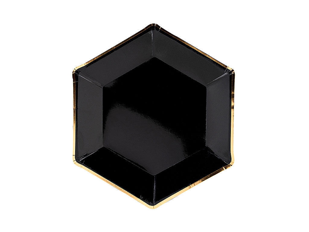 Teller, Pappe, schwarz, Goldkante, ohne Druck, sechseckig, Ø 23 cm